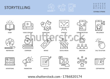 Vector storytelling icons. Editable stroke. Story content marketing strategy, campaign advertising brand social media. Conversation promotion article inspiration, copywriting call to action influencer