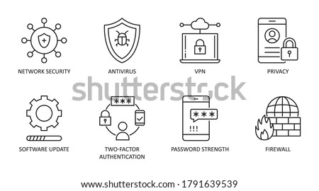 Cybersecurity vector icons. Set of 8 symbols with editable stroke. Network security antivirus VPN privacy. 2fa (two-factor authentication) password strength firewall software update
