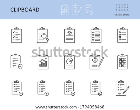 Vector clipboard icon. Editable stroke. To-do list, check sheet and pencil pen. Icons registration form, test questionnaire survey. Checklist with gears magnifier graph chart, data protection privacy