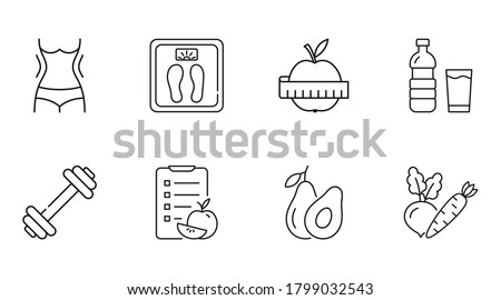 Vector diet icons. Linear icon slimming weight loss editable stroke. Slim waist scales water, apple measurement sport fitness exercise. Diet compilation calorie count vegetables avocado fruits Foto stock © 