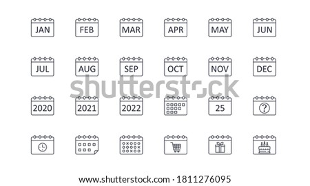 Vector calendar icons. Editable stroke. Icon with months of the year, 2020 2021 2022. Question sign 25 clock timetable schedule. Shopping time, cart gift birthday cake.