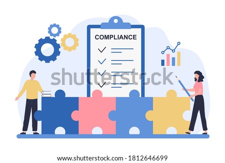 Regulatory compliance concept. Business people read laws, discuss changes, plan the implementation of rules and the development of the company. Flat vector illustration isolated on white background