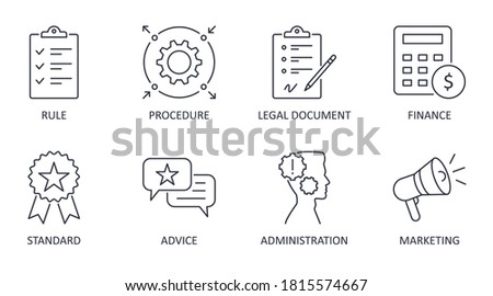 Vector guideline icons. Editable stroke. Procedure standard administration rules. Legal document finance marketing advice. Simple elements for infographics, websites