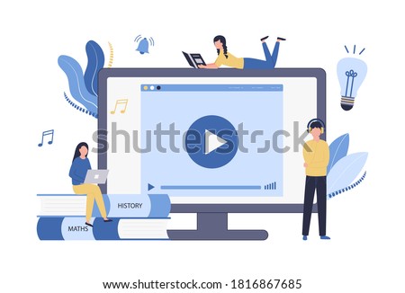 Online education, watching educational video tutorials, audiobooks. Students do their homework, take online tests. Electronic graduation certificate. Vector flat illustration on white background