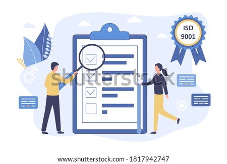 Vector quality control concept. Business people confirm and certify a quality product in accordance with ISO 9001. Stamp approval management production service. Flat illustration on white background