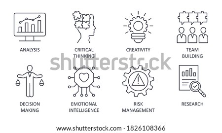 Problem solving icons editable stroke. Creativity analysis research critical thinking. Team building emotional intelligence risk management decision making. Vector stock illustration on white back