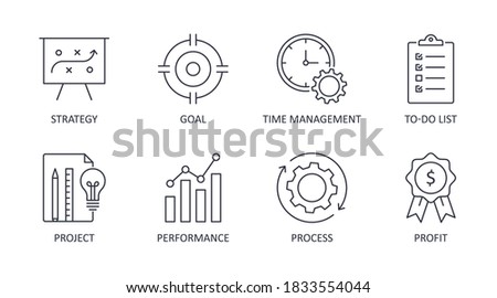 Vector productivity icons. Editable line stroke. Set of symbols business process system strategy performance profit. The goal of the to-do list time management project