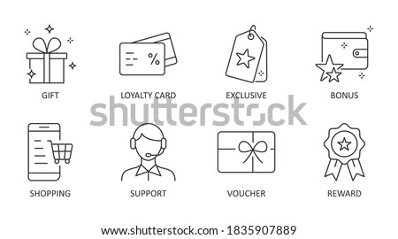 Vector loyalty program icons. Editable stroke symbols. Gift, loyalty card vip exclusive support. Discount shopping stars voucher reward bonus