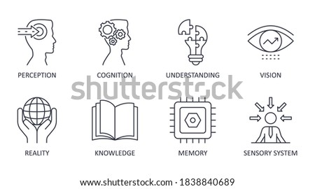 Vector set of perception icons. Editable stroke. Knowledge understanding reality sensory system cognition memory vision Foto d'archivio © 