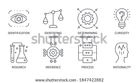 Vector critical thinking icons. Editable stroke. Rationality of process identification research. Curiosity identifying biases inference determining relevance