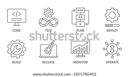Vector DevOps icons. Editable stroke. Software development and IT operations set symbols. Test release monitor operate deploy plan code build Foto stock © 