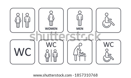 Square icons male female disabled restroom, parenting room. Illustration of toilet men women disabled, mother and child. Editable stroke