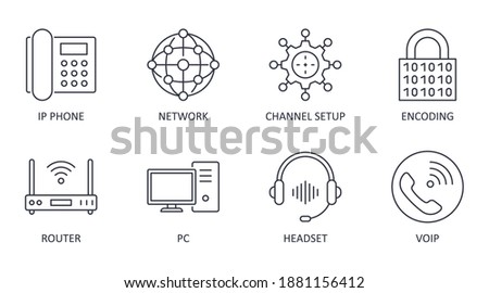Vector Voice over IP icons. Editable stroke. IP phone router network pc channel setup configuration encoding headset multimedia VoIP