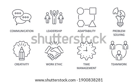Vector soft skills icons. Editable stroke. Interpersonal attributes symbols you need to succeed in the workplace. Communication teamwork adaptability problem solving creativity work ethic time managem