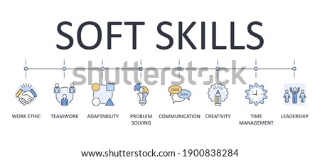 Vector banner infographics soft skills. Editable icon outline. Interpersonal attributes in the workplace symbols. Communication teamwork problem solving adaptability creativity leadership work ethic
