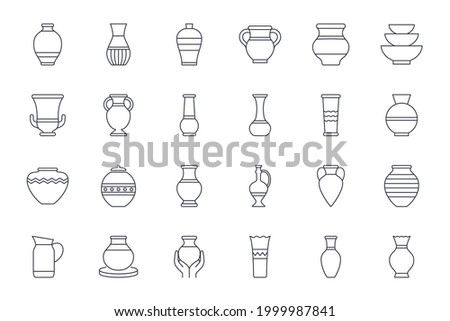 Vector icons amphora, vase, pottery. Editable stroke. Ancient and modern tableware, ceramic bottle, museum piece, Greek art. Line set