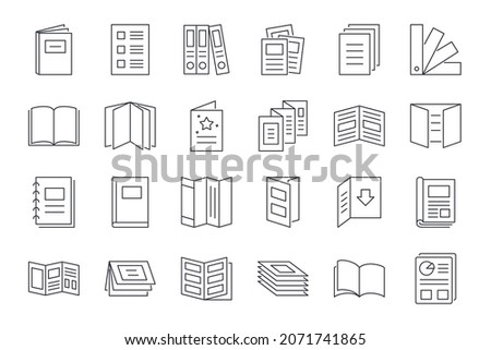 Brochure catalog icon. Editable stroke. Set thin line icons for web design isolated on white background. Flyer paper newspaper, greeting card book magazine