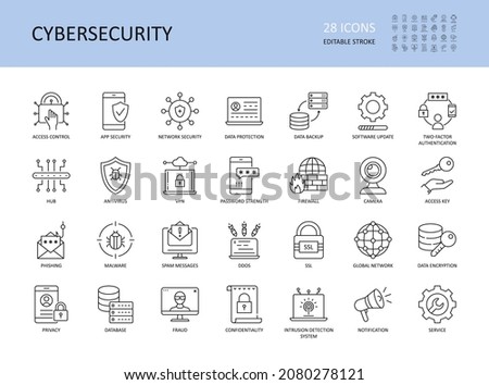 Cybersecurity vector icons. Editable stroke. Access control app network security, data protection backup software update 2fa. Encryption spam messages antivirus, phishing malware vpn password firewall