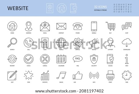 Website icons. Vector editable stroke icon. Home email address world info call search user service. Security contact print mobile notice time phone buy chat wifi support download music statistic check