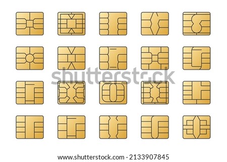 EMV chip gold vector icons. Editable stroke. Set line nfc symbol. Contactless payment at terminals and ATMs. Square computer microchips for credit debit cards. Stock illustration