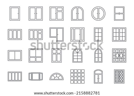 Vector window icons. Editable stroke. Set line architectural symbols. Elements of interior buildings. Round arched french frames. Single double glass block with a door