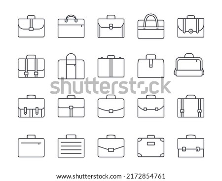 Vector line set briefcase icons. Editable stroke. Laptop bag, school backpack. Travel work design elements. Stock illustration isolated on white background