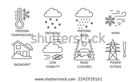Vector winter storm icons. Editable stroke line set of weather elements. Freezing temperature snowfall rain. Wind snowdrift low visibility road closures power outage. Stock illustration