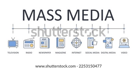 Mass media banner vector icons. Line set color editable stroke. Yellow blue symbols of television radio broadcasting. News glossy magazines printed editions newspaper. Internet digital social media