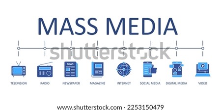 Mass media banner infographics vector icons. Line set blue elements. Television radio broadcasting. Magazine newspaper news. Internet digital social media. Modern means communication and information