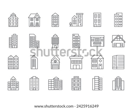 Vector icons of residential buildings. Set line symbols editable stroke. Multi-storey buildings with doors and windows. Office space, duplexes and townhouses with garage. Stock illustration on white