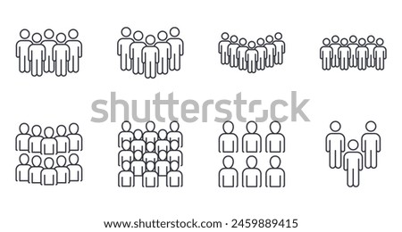 Vector icons group of people. Editable stroke set. Teamwork in a team, colleagues. Leadership and support from like-minded people. Students and friends. Stock illustration