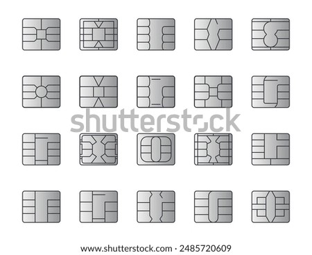 EMV chip silver vector icons. Editable stroke. Contactless payment at terminals and ATMs. Set line nfc symbol. Square computer microchips for credit debit cards. Stock illustration