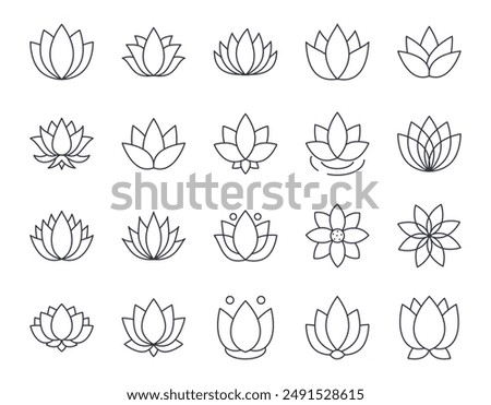 Vector water lily icon. Yoga lotus symbol, flower of well-being and healthy lifestyle, elegant blooming. Editable stroke thin line set. Natural simple plant elements on white background