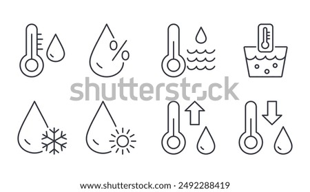 Line icons water temperature. Vector symbols of high and low temperature, humidity. Increase decrease values, water quality. Drop of water in the sea, thermometer, snow and sun. Editable stroke set.