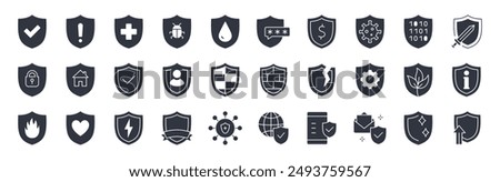 Vector solid icons defense shield. Protective symbol, safety and security of home, plants, mail from viruses and different troubles. Medieval shield and sword, coat of arms. Silhouette black set