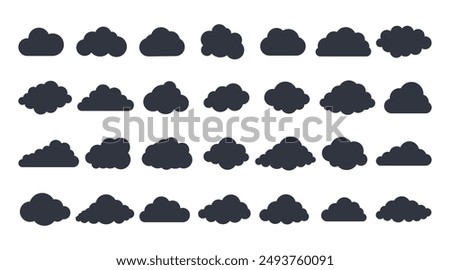 Vector cloud solid icons. Set of 28 silhouette elements. Meteorology weather forecast interface sign, information cloud storage database. Internet communication network saving data.