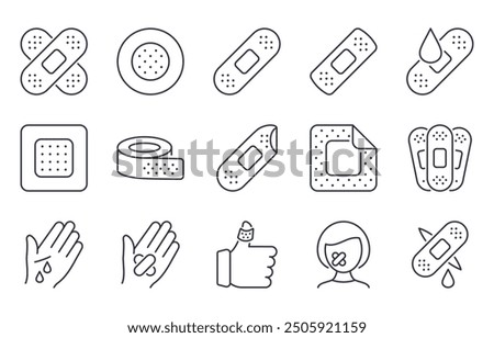 Vector icons medical bandage. Adhesive tape for treatment of light skin cuts, postoperative sutures. Band-aid for skin injuries and wounds. Editable stroke thin line black set. Stock illustration.