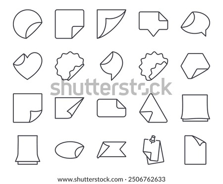 Vector sticker icons with folded corners. Paper labels folded pages symbols. Editable stroke thin line black set. Stickers of different shapes: round rectangular oval with flat and wavy edges