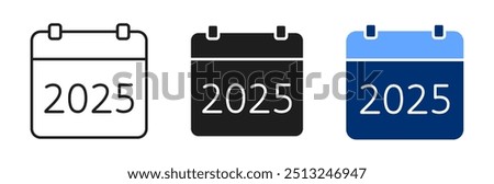 Vector icons calendar 2025. Symbols of new year with numbers 2025. Editable stroke thin line and black, blue solid set.