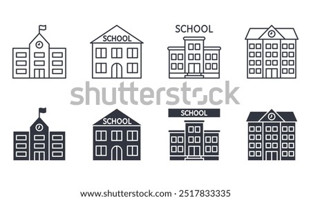 Vector icons school building. Editable stroke thin line and black solid set. Teaching children building with flag, words School and clock. Stock illustration.