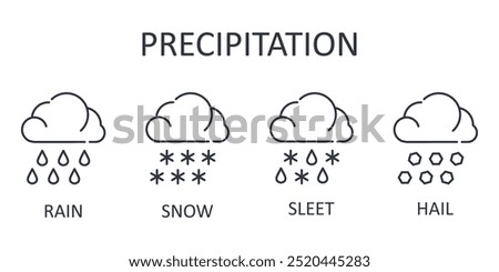 Vector icons precipitation. Weather elements rain, snow, sleet, hail. Meteorological phenomena during the year. Editable stroke thin line black set.