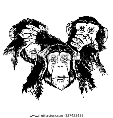 Vector Black and White Three Monkey Illustration