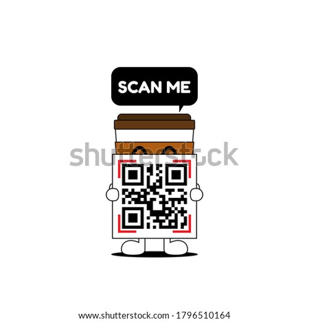Coffee mug cartoon show QR code with lettering 'SCAN ME' in dialog box flat vector design isolated on white background.