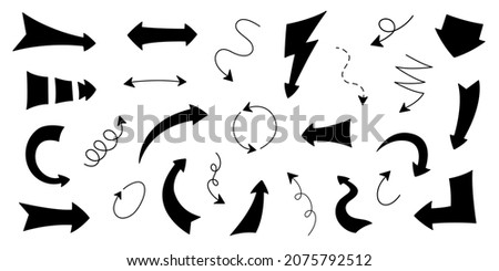 Arrow set in cartoon style vector illustration. Collection arrows hand drawn. Direction sign isolated outline on a white background. Simple elements for decorative planner, journal, diary and notebook
