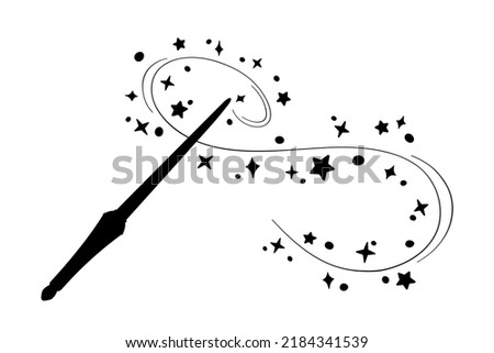 Magic wand silhouette in simple style, vector illustration. Shiny stick icon for print and design, hand drawn. Isolated elements on white background. Magician cast spell, fairy stars and sparkles