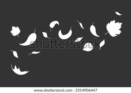 Leaves fall silhouette in simple style, vector illustration. Wave cold air during windy weather. Maple leaf for print and design. Isolated black elements on white background. Autumn symbol nature