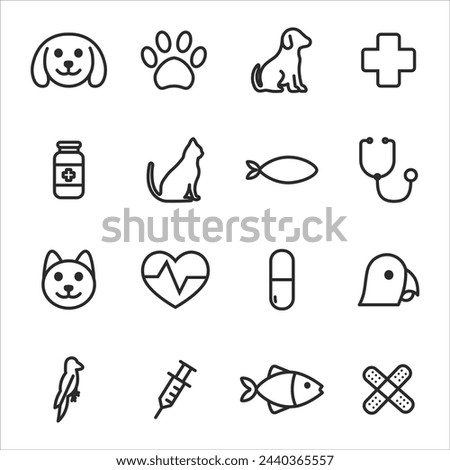 Veterinarian line icons set. Editable stroke. Veterinary set of outline icons. Veterinarian clinic icons for web design isolated on a white background.