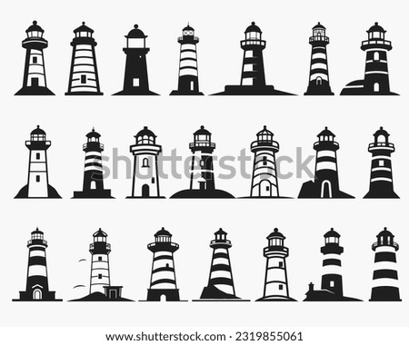 Lighthouse silhouette icons set logo black beacon light ocean sea light house nautical marine silhouettes vector illustration