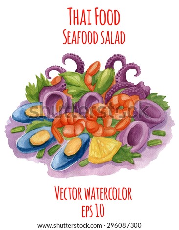 Watercolor-style vector illustration of Thai-food dish. Spicy seafood salad.