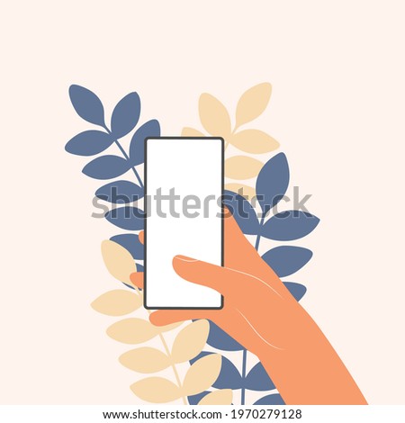Human hands hold horizontally mobile phone with blank screen. Hand holding phones with empty screens mock up. Flat vector illustration scrolling or searching